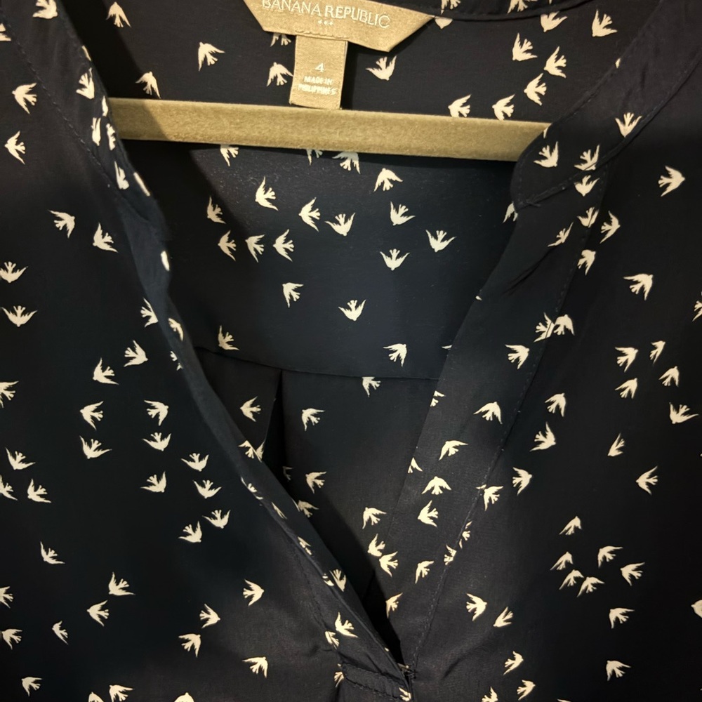 Banana Republic Black Blouse with White Bird Print